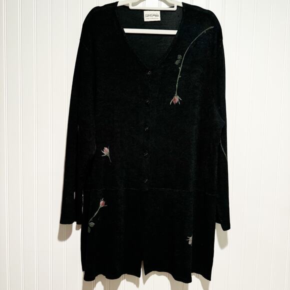 Staley Gretzinger Sweaters - Bread Staley Gretzinger Black Slinky Cardigan Roses Art To Wear Lagenlook XL